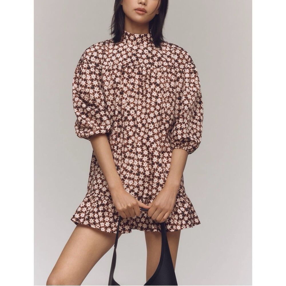 Anthropologie Long Sleeve Mock Neck Swing Mini Dress Womens Small Stars Brown